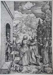 У центрі Єлизавета вітає Марію, ліворуч у дверях будинку стоїть Захарія. На задньому плані - гори та замок.