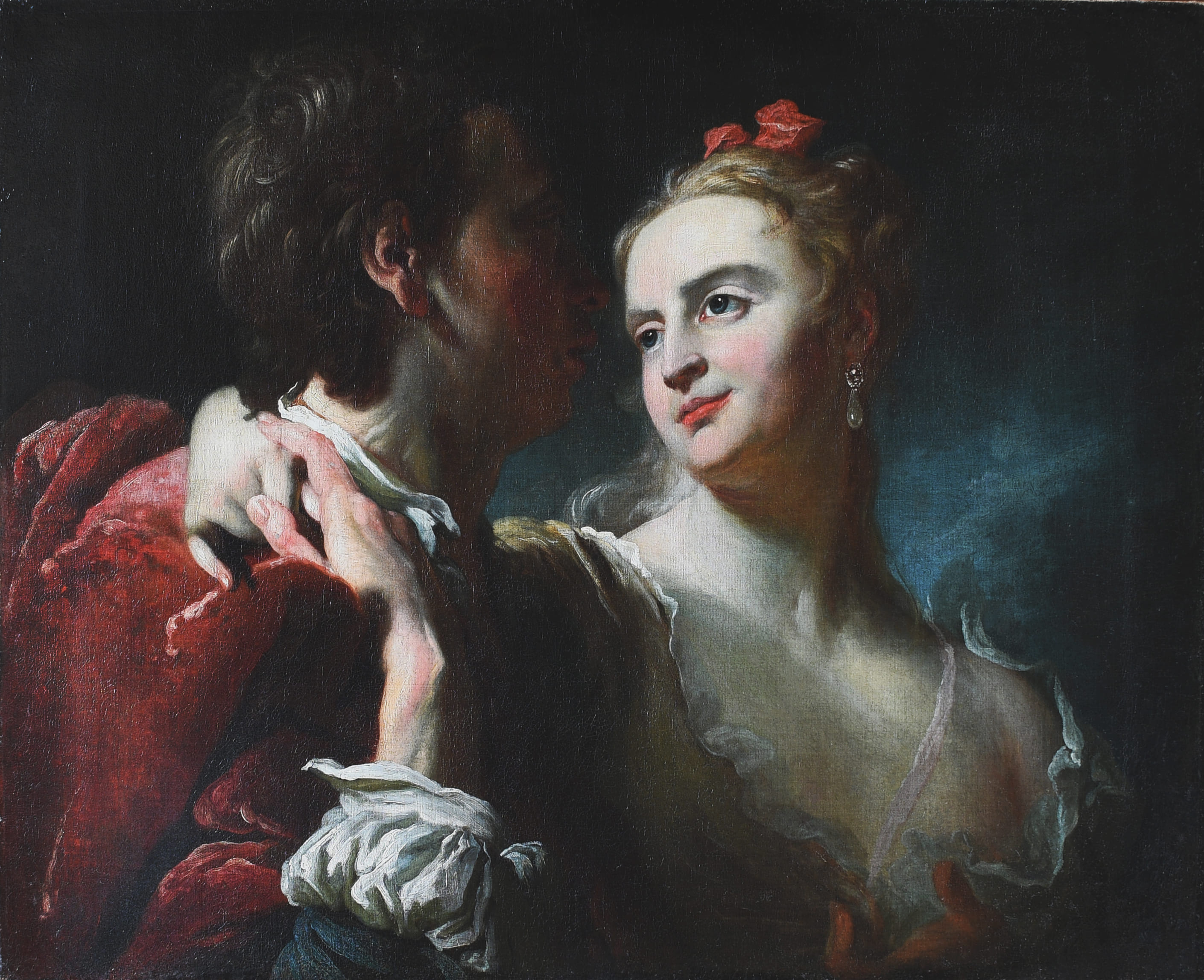 Oil on canvas. The painting depicts a young man and a woman. Woman's hand is on the young man's shoulder, he holds his companion's hand.