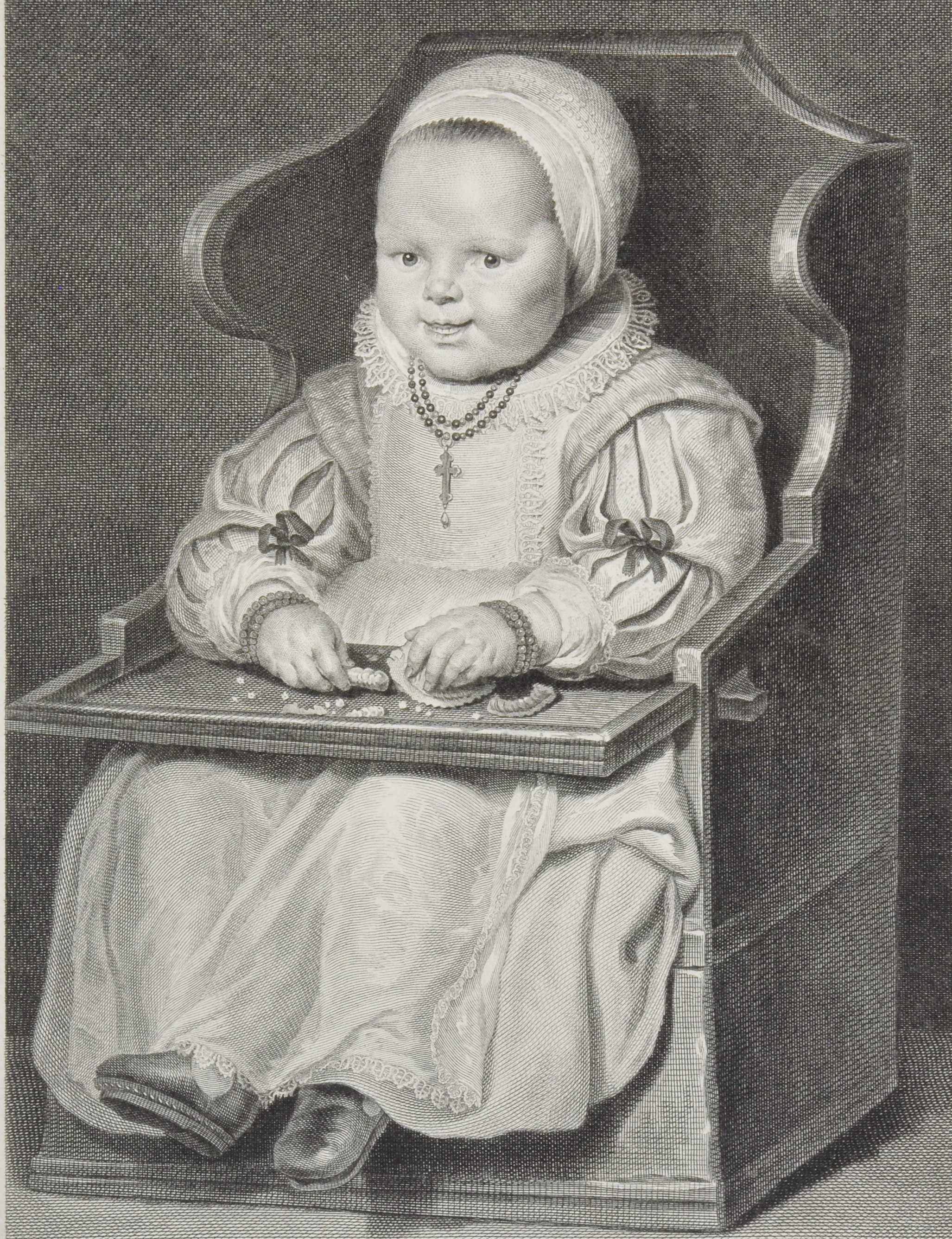 Гравюра, на якій дитина у стільці з високою спинкою. Дитина вдягнена у довгу сукню та головний убір